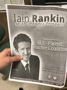 An advertisement for liberal MLA Iain Rankin, on the back of a flyer sent out by a local parent-teacher coalition. 